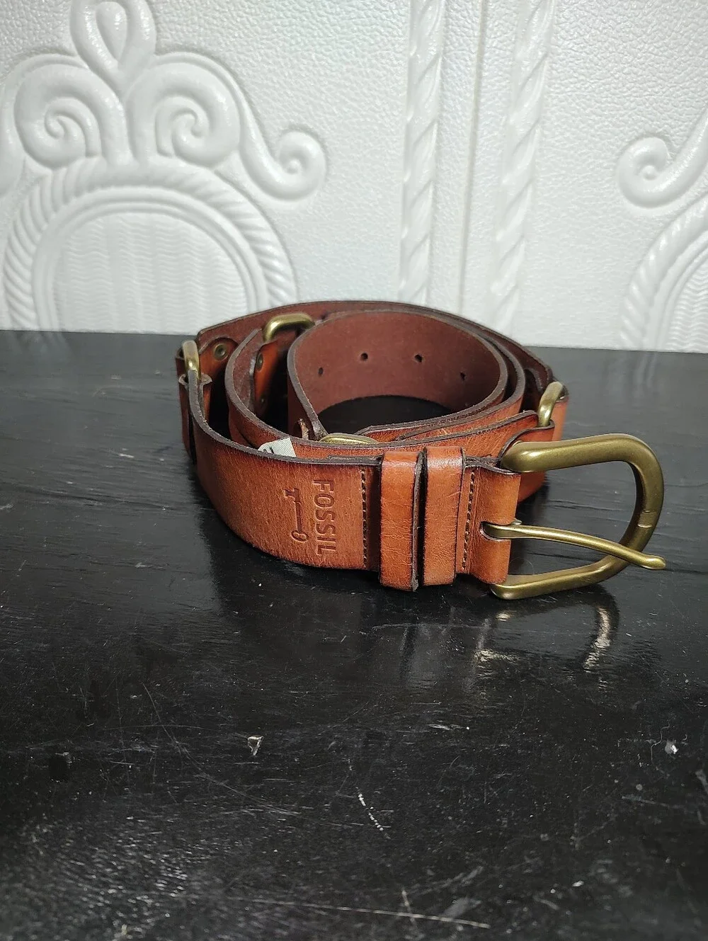 Fossil Women's  Tan/Brown Leather Connector Belt with Brass-Tone Buckle Size L